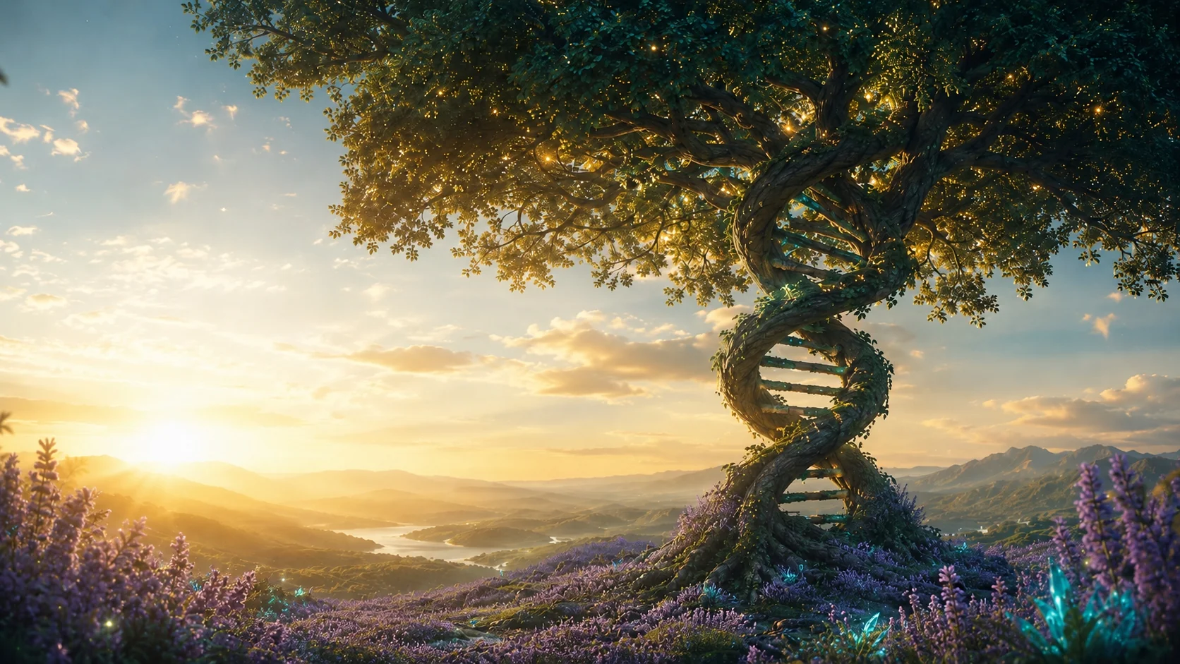 A cinematic tree whose trunk is a glowing DNA double helix, rooted in a lavender meadow at golden hour