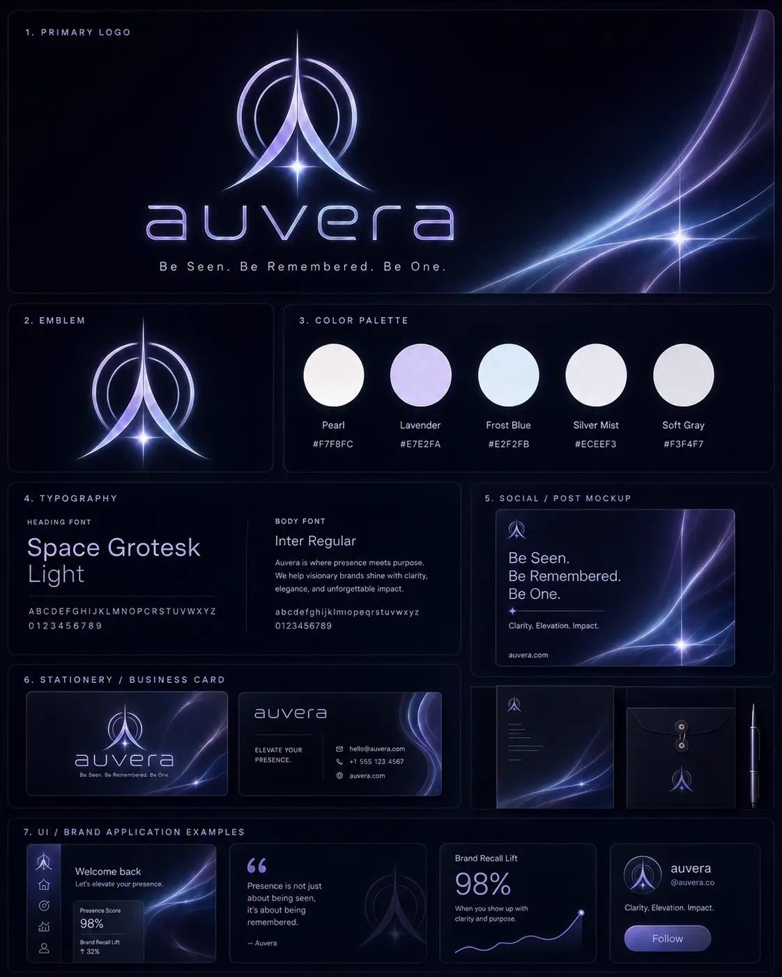 Example Auvera brand kit board showing logo, emblem, color palette, typography, stationery, social mockups, and UI application examples