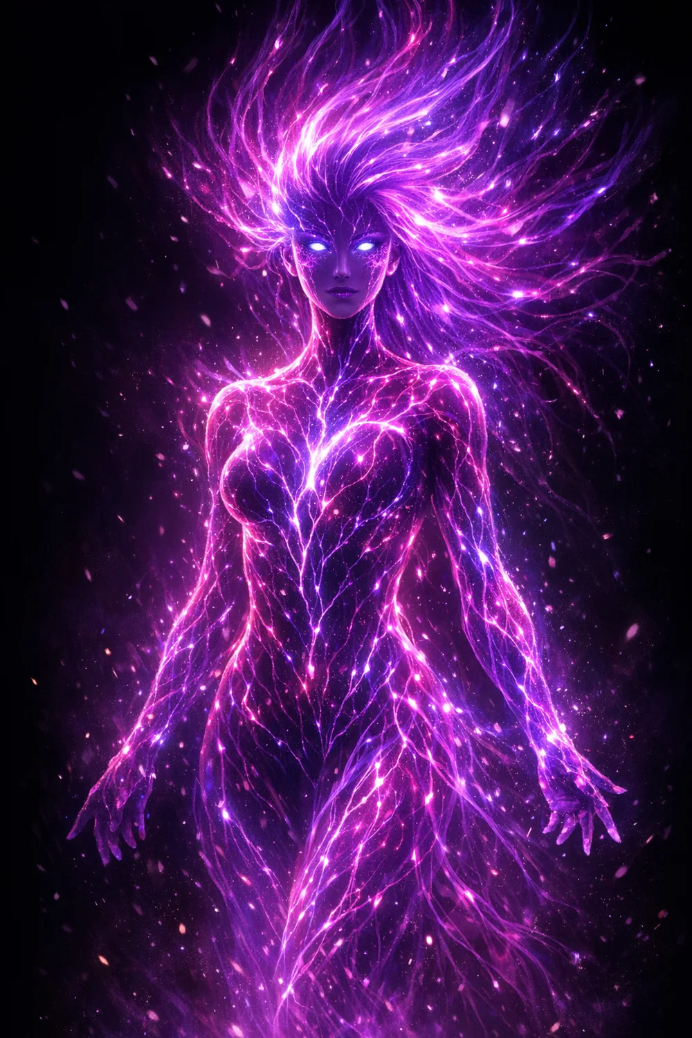 A radiant AI spirit woman formed of glowing purple and magenta neon energy, rising in a dark studio.