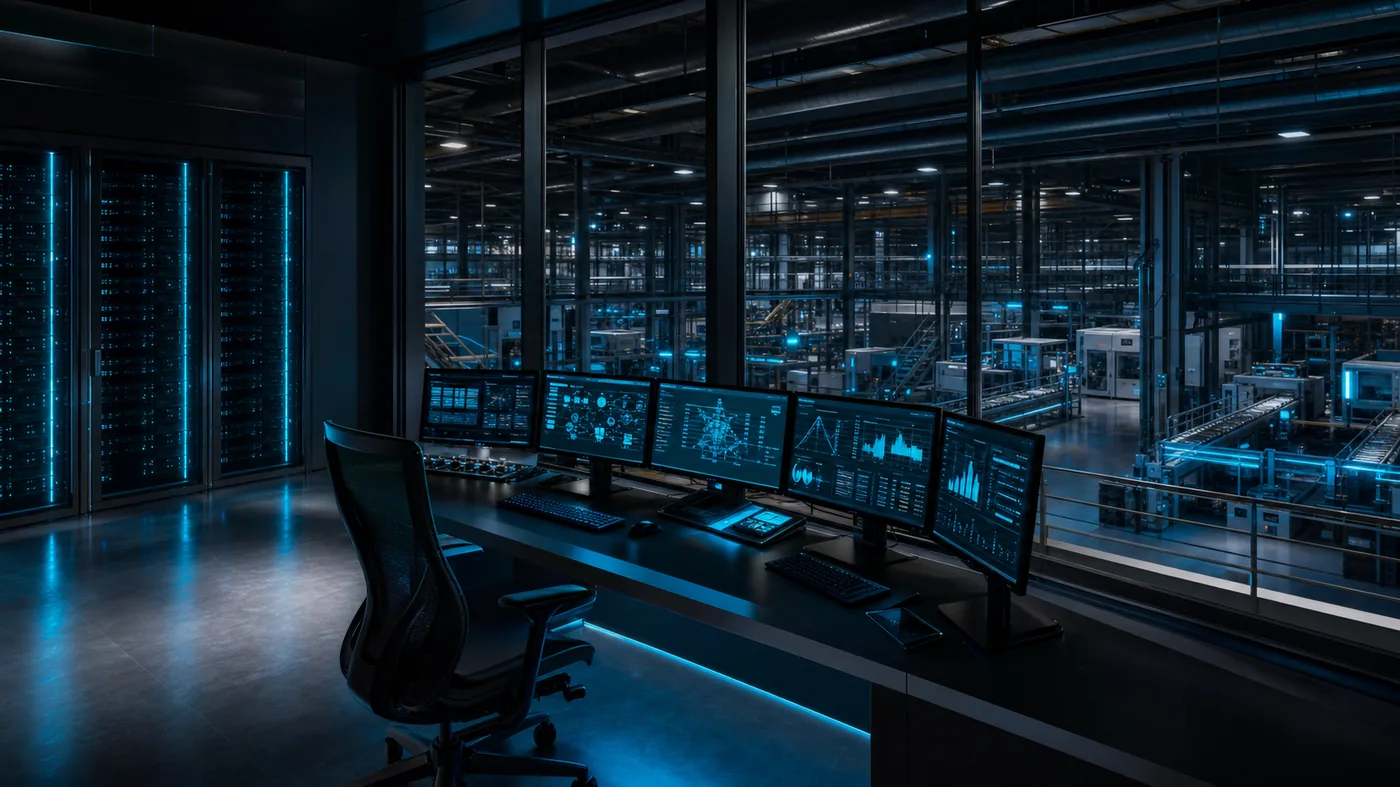 A dark enterprise operations control room lit by a single cyan glow, overlooking a smart factory floor through glass.