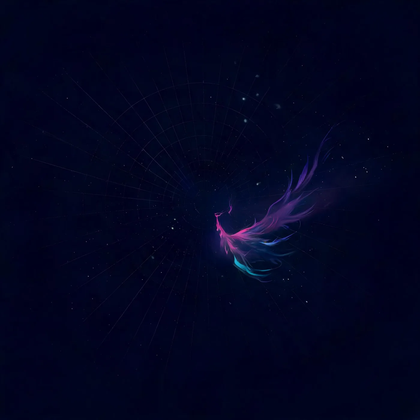 A faint phoenix of magenta-to-cyan energy rising over a dark radial grid on a midnight field.